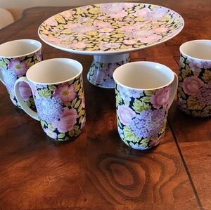 Liliac Time Floral Ceramic Cake Stand and Mug Set